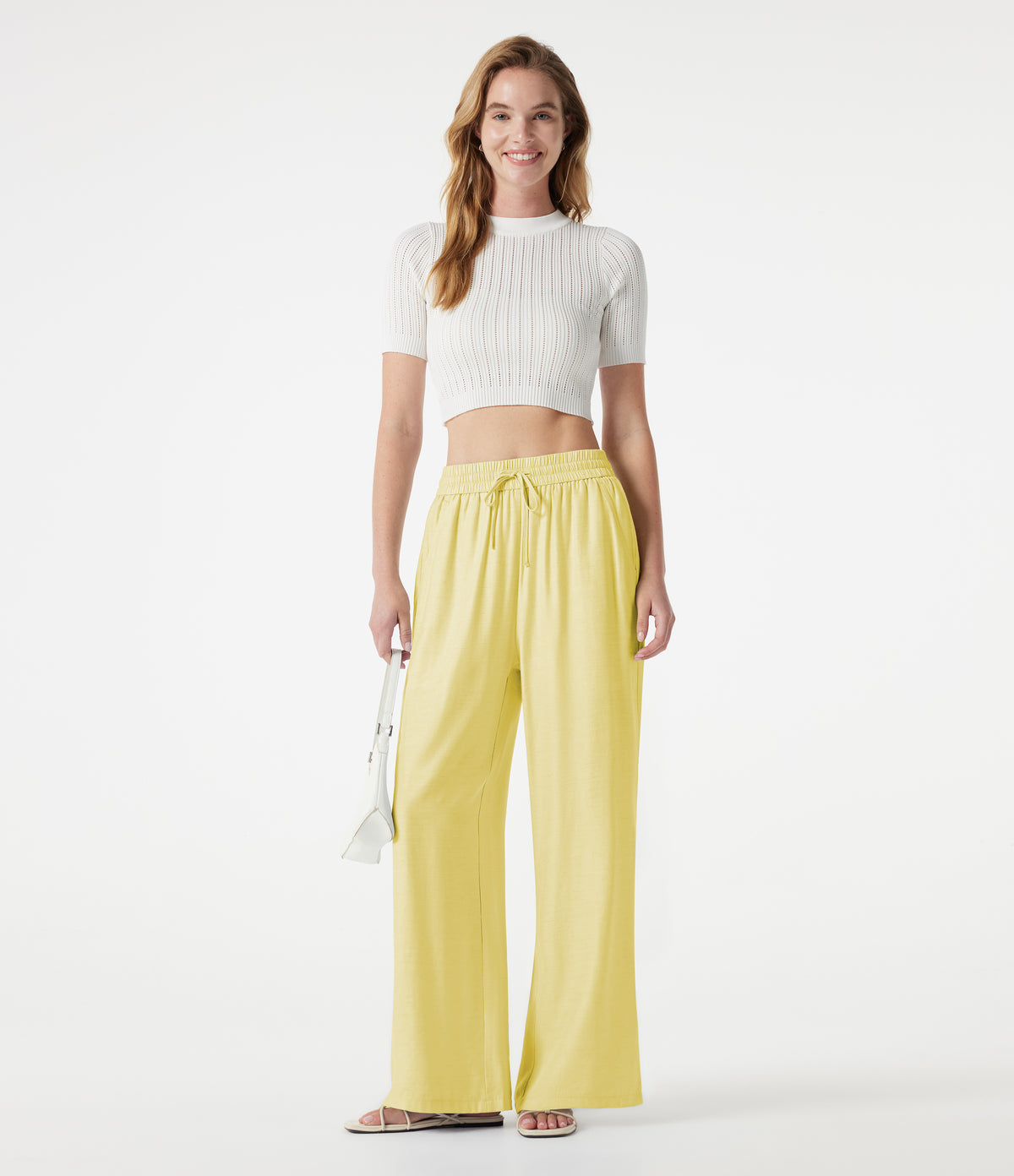 High Waisted Drawstring 2-in-1 Wide Leg Casual Linen-Blend Trousers with Pockets — Pastel Yellow — view 6