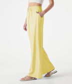 High Waisted Drawstring 2-in-1 Wide Leg Casual Linen-Blend Trousers with Pockets — Pastel Yellow — view 3
