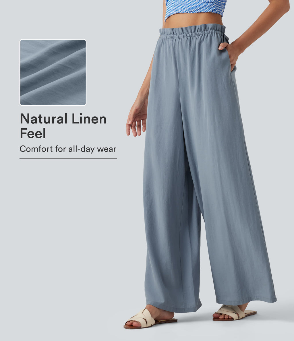 Frill Trim Mid Rise Drawstring Casual Linen-Blend Baggy Flowy Trousers with Pockets — Snowflake Blue — view 1
