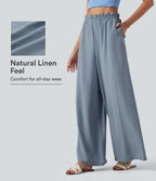 Frill Trim Mid Rise Drawstring Casual Linen-Blend Baggy Flowy Trousers with Pockets — Snowflake Blue — view 1