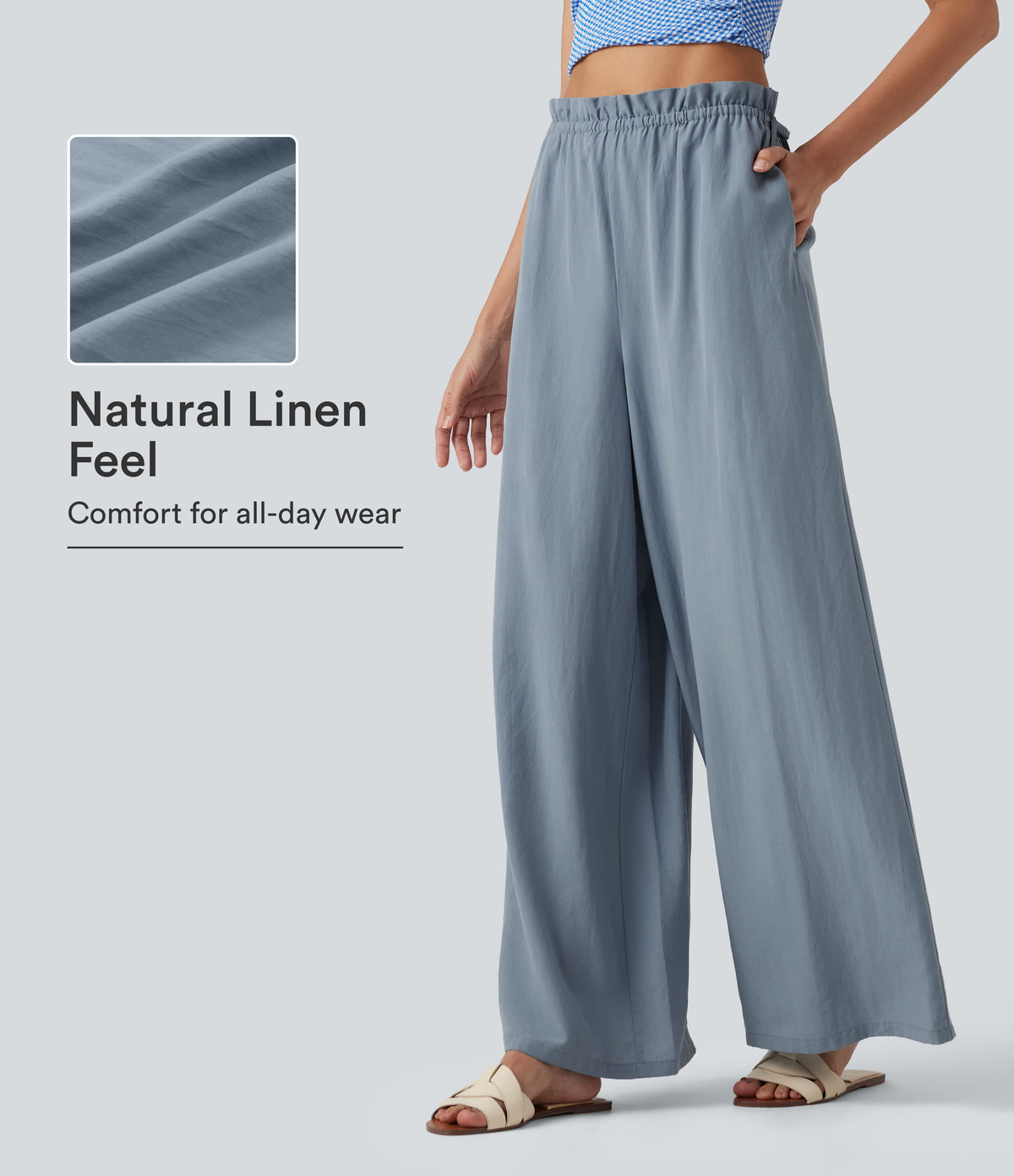 Frill Trim Mid Rise Drawstring Casual Linen-Blend Baggy Flowy Trousers with Pockets — Snowflake Blue — view 1