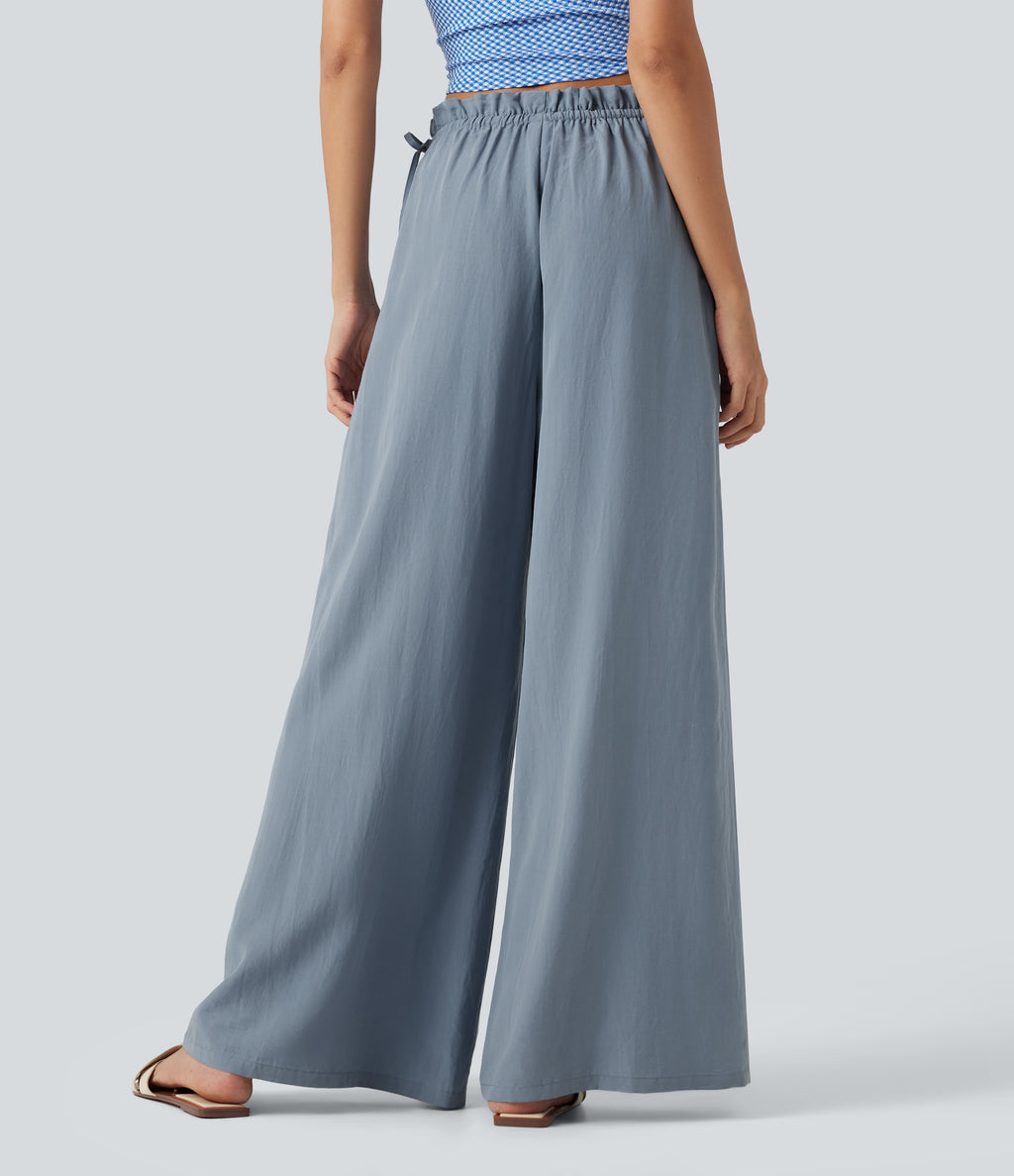 Frill Trim Mid Rise Drawstring Casual Linen-Blend Baggy Flowy Trousers with Pockets — Snowflake Blue — view 2