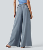 Frill Trim Mid Rise Drawstring Casual Linen-Blend Baggy Flowy Trousers with Pockets — Snowflake Blue — view 2