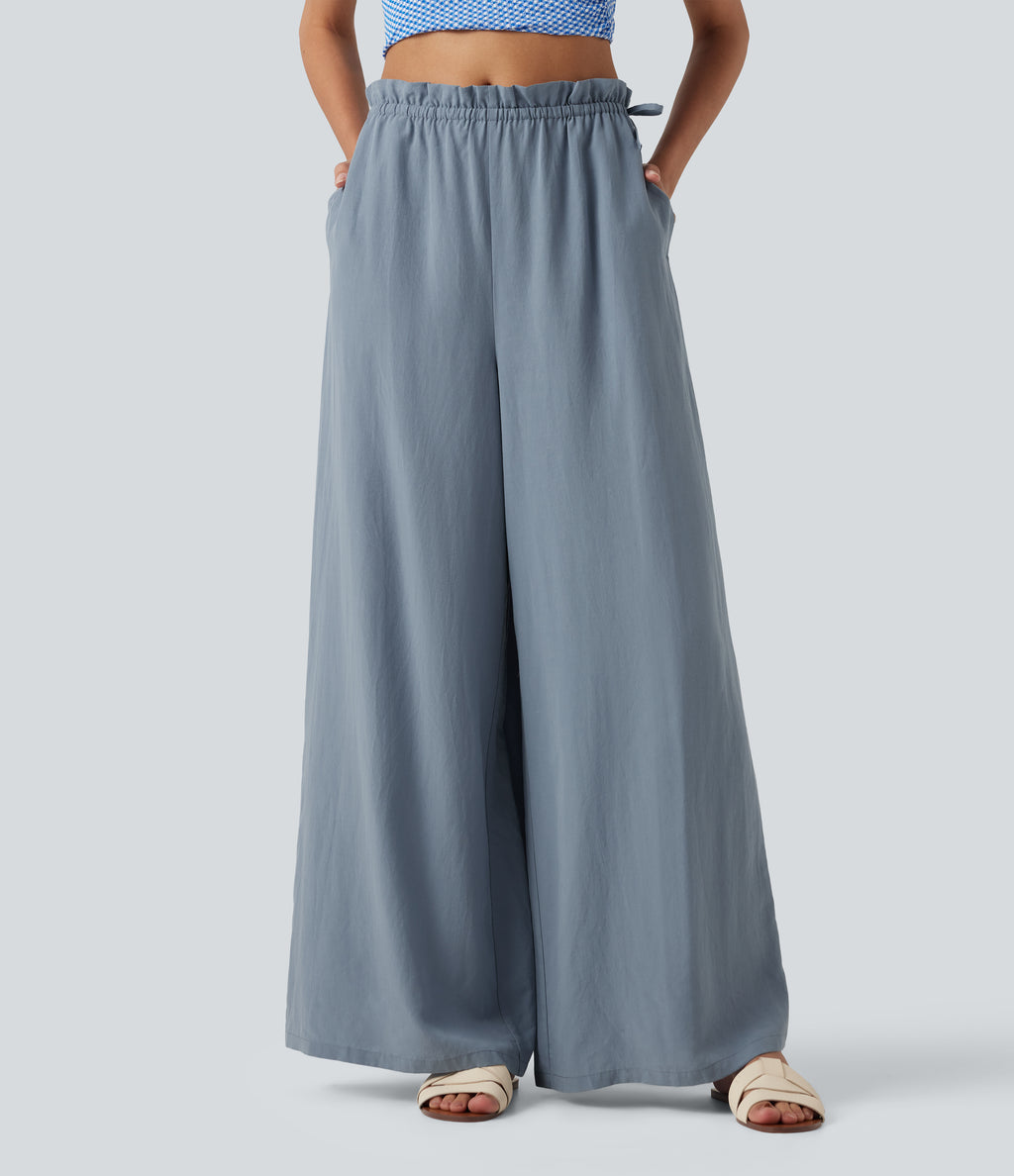 Frill Trim Mid Rise Drawstring Casual Linen-Blend Baggy Flowy Trousers with Pockets — Snowflake Blue — view 3