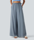 Frill Trim Mid Rise Drawstring Casual Linen-Blend Baggy Flowy Trousers with Pockets — Snowflake Blue — view 3