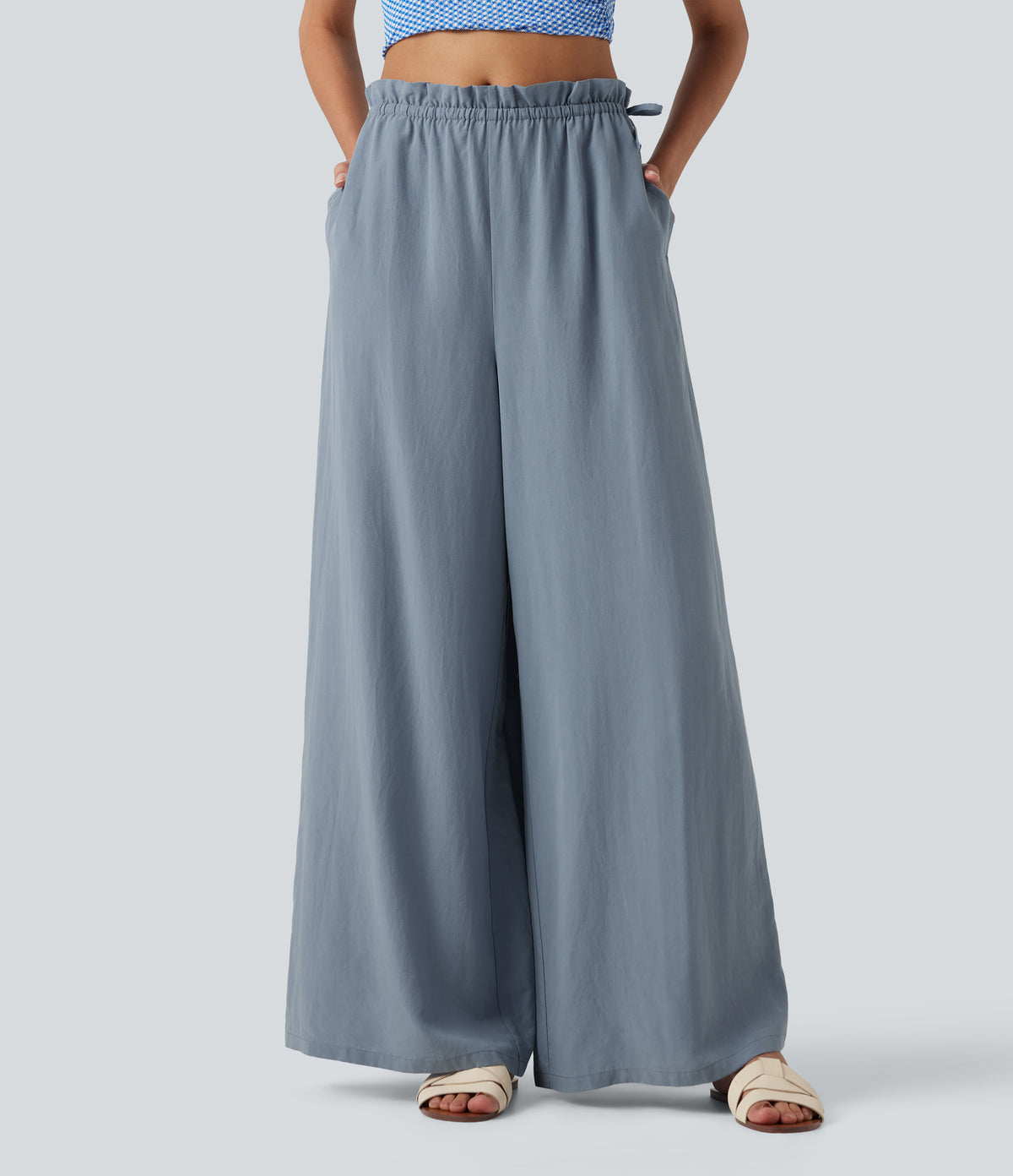 Frill Trim Mid Rise Drawstring Casual Linen-Blend Baggy Flowy Trousers with Pockets — Snowflake Blue — view 3