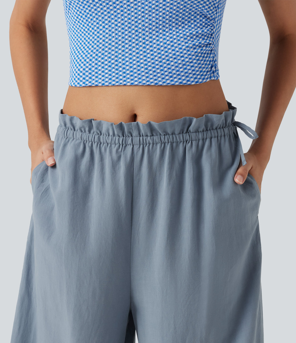 Frill Trim Mid Rise Drawstring Casual Linen-Blend Baggy Flowy Trousers with Pockets — Snowflake Blue — view 4