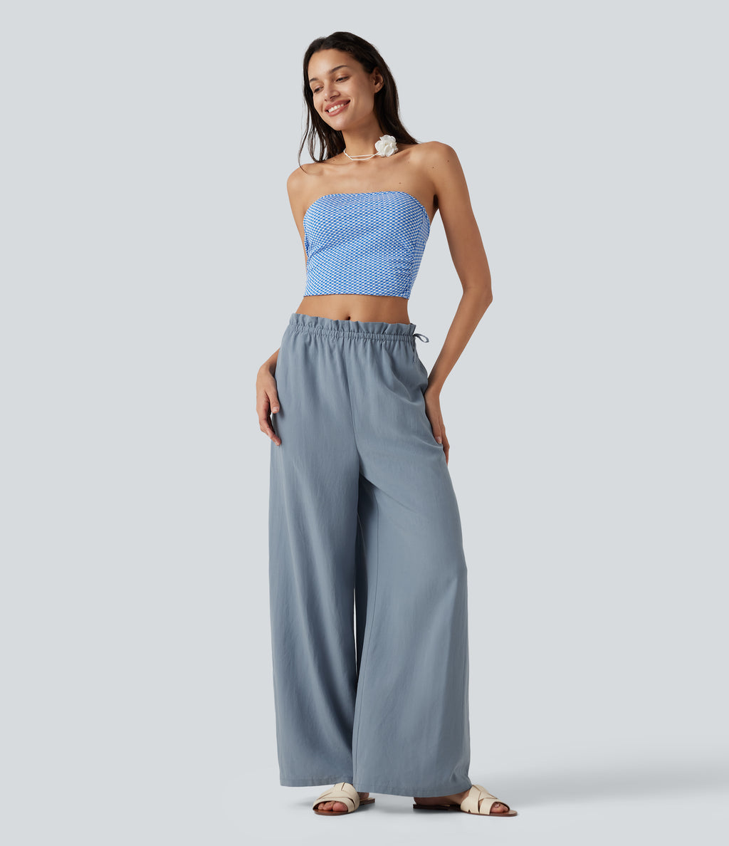 Frill Trim Mid Rise Drawstring Casual Linen-Blend Baggy Flowy Trousers with Pockets — Snowflake Blue — view 6