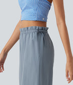 Frill Trim Mid Rise Drawstring Casual Linen-Blend Baggy Flowy Trousers with Pockets — Snowflake Blue — view 5