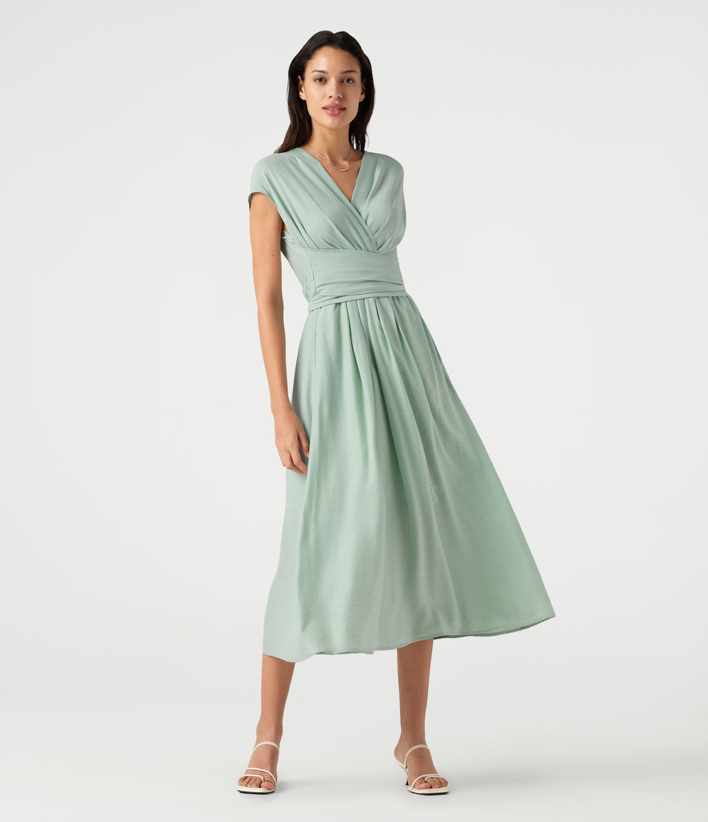 V Neck Short Sleeve Tie Back Midi Casual Linen-Blend Flowy Dress with Pockets — Silt Green — view 3