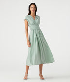 V Neck Short Sleeve Tie Back Midi Casual Linen-Blend Flowy Dress with Pockets — Silt Green — view 3