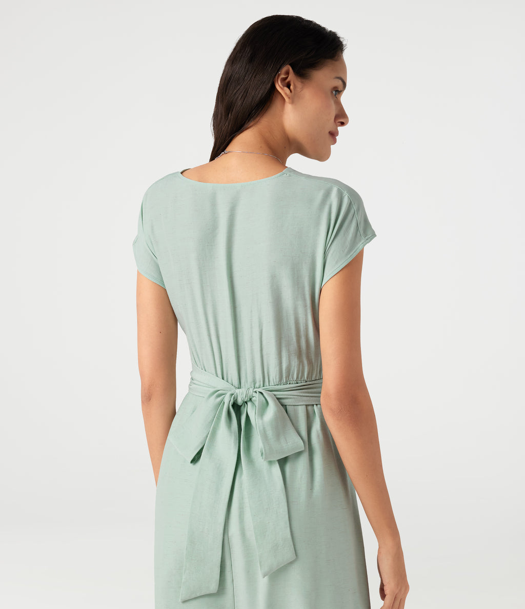 V Neck Short Sleeve Tie Back Midi Casual Linen-Blend Flowy Dress with Pockets — Silt Green — view 5