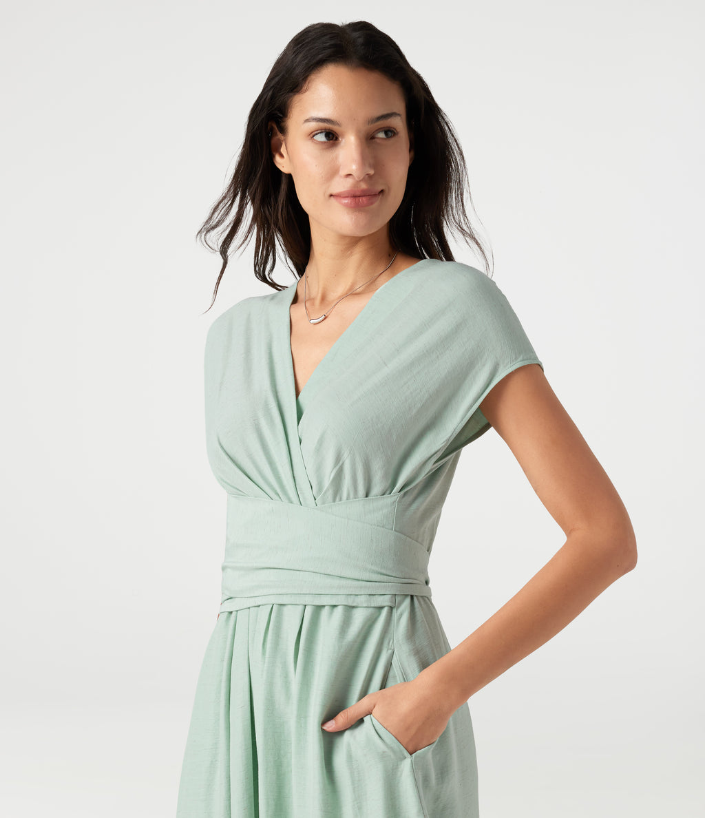 V Neck Short Sleeve Tie Back Midi Casual Linen-Blend Flowy Dress with Pockets — Silt Green — view 4