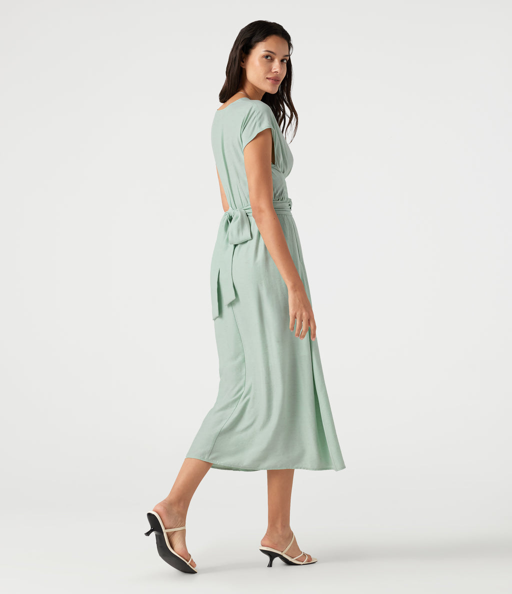 V Neck Short Sleeve Tie Back Midi Casual Linen-Blend Flowy Dress with Pockets — Silt Green — view 2