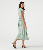 V Neck Short Sleeve Tie Back Midi Casual Linen-Blend Flowy Dress with Pockets — Silt Green — view 2