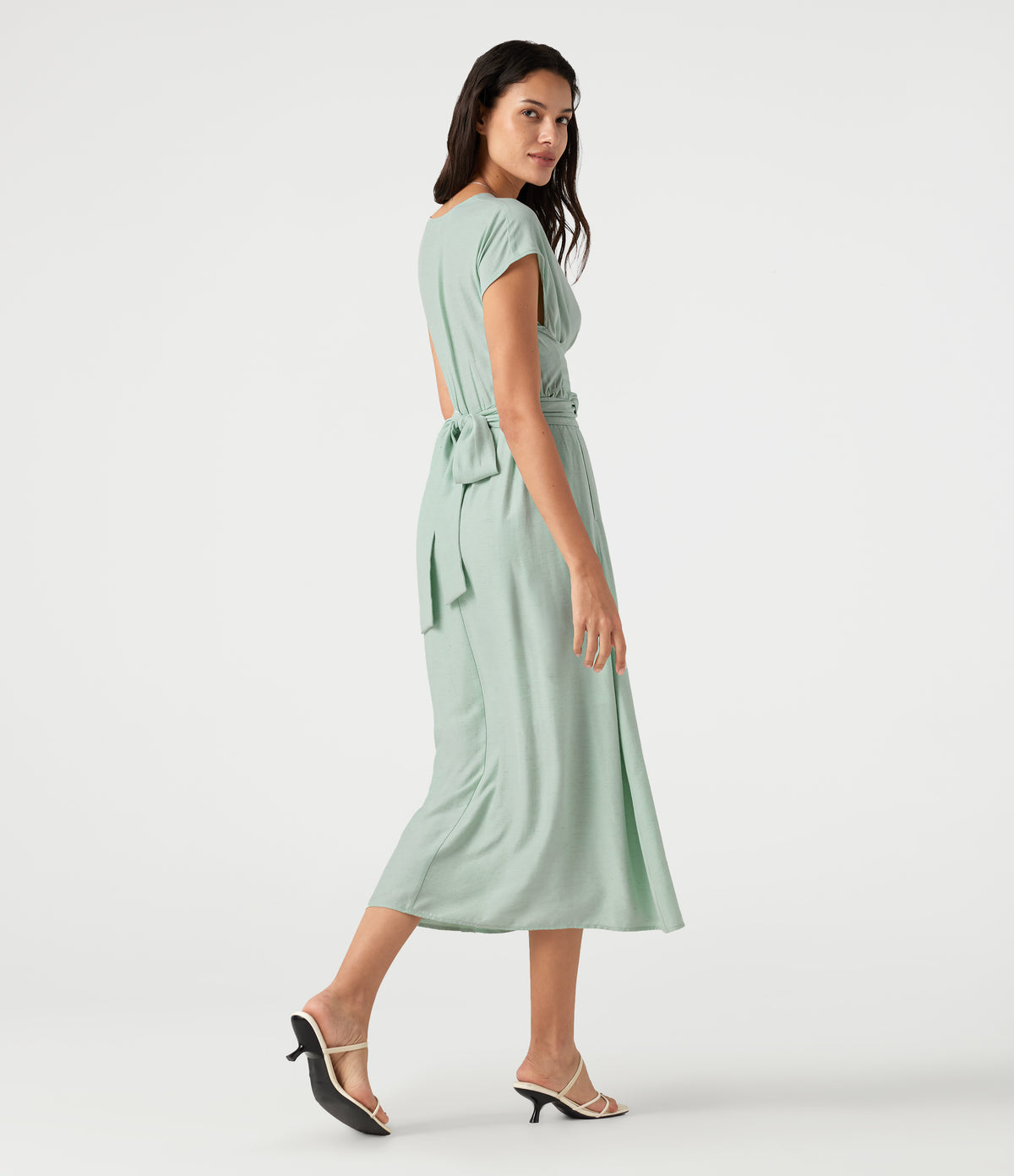 V Neck Short Sleeve Tie Back Midi Casual Linen-Blend Flowy Dress with Pockets — Silt Green — view 2