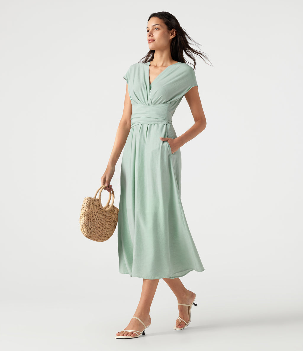 V Neck Short Sleeve Tie Back Midi Casual Linen-Blend Flowy Dress with Pockets — Silt Green — view 1