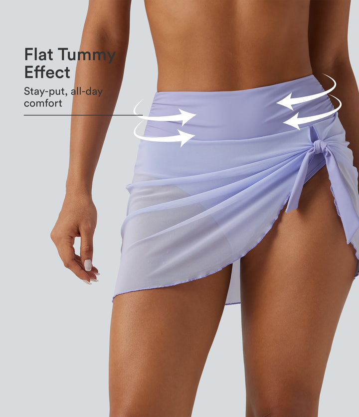 High Waisted Tummy Control Mesh Ruched Tie Asymmetric Hem 2-in-1 Bikini Bottom Swimsuit 3" — Baby Lavender — view 1