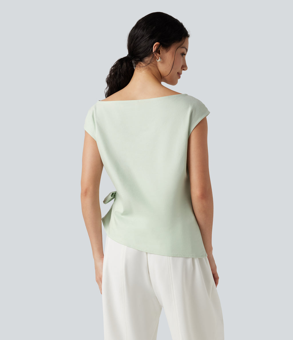 Boat Neck Cap Sleeve Tie-side Casual Linen-Blend Blouse — Phantom Green — view 2