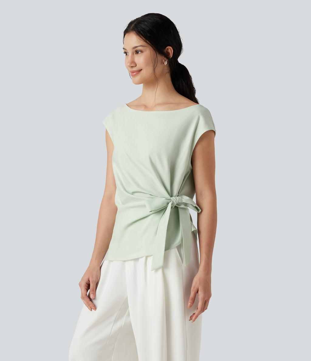 Boat Neck Cap Sleeve Tie-side Casual Linen-Blend Blouse — Phantom Green — view 4
