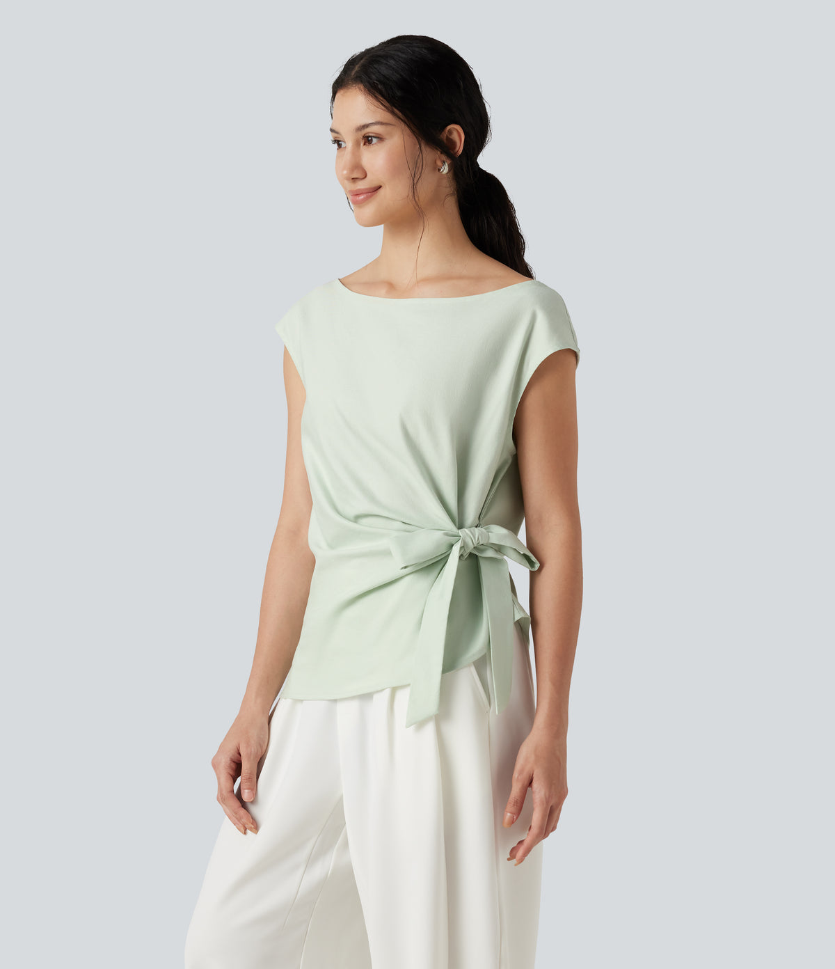 Boat Neck Cap Sleeve Tie-side Casual Linen-Blend Blouse — Phantom Green — view 4