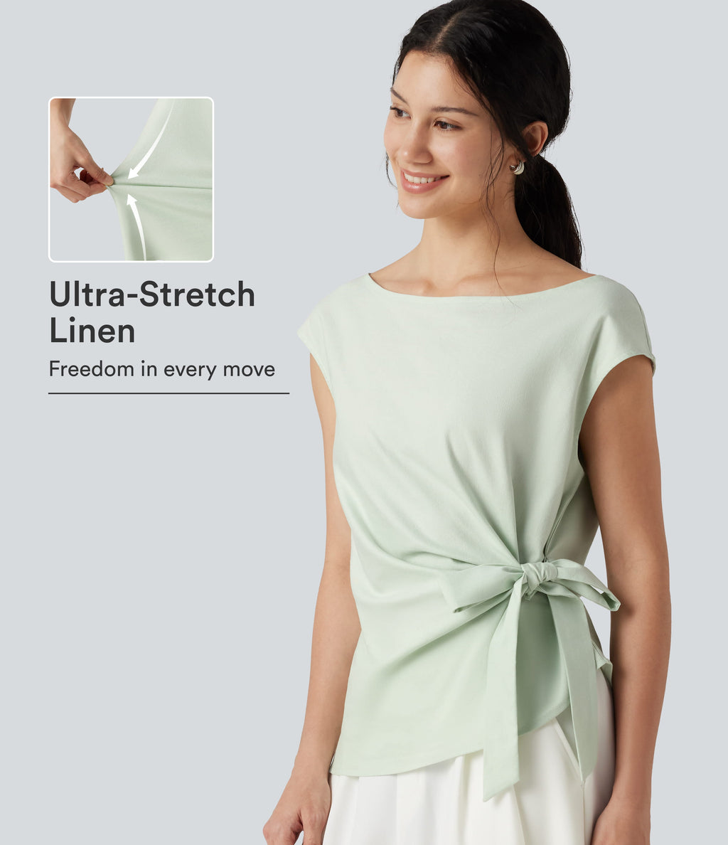 Boat Neck Cap Sleeve Tie-side Casual Linen-Blend Blouse — Phantom Green — view 1