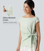 Boat Neck Cap Sleeve Tie-side Casual Linen-Blend Blouse — Phantom Green — view 1