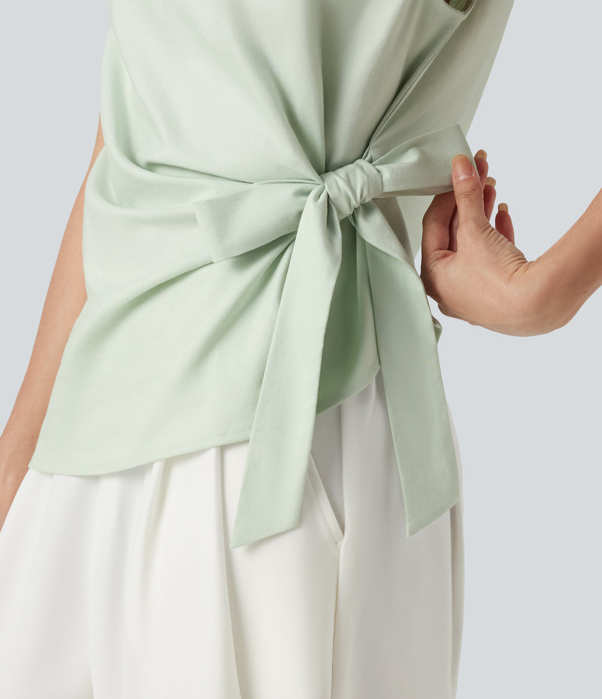 Boat Neck Cap Sleeve Tie-side Casual Linen-Blend Blouse — Phantom Green — view 5