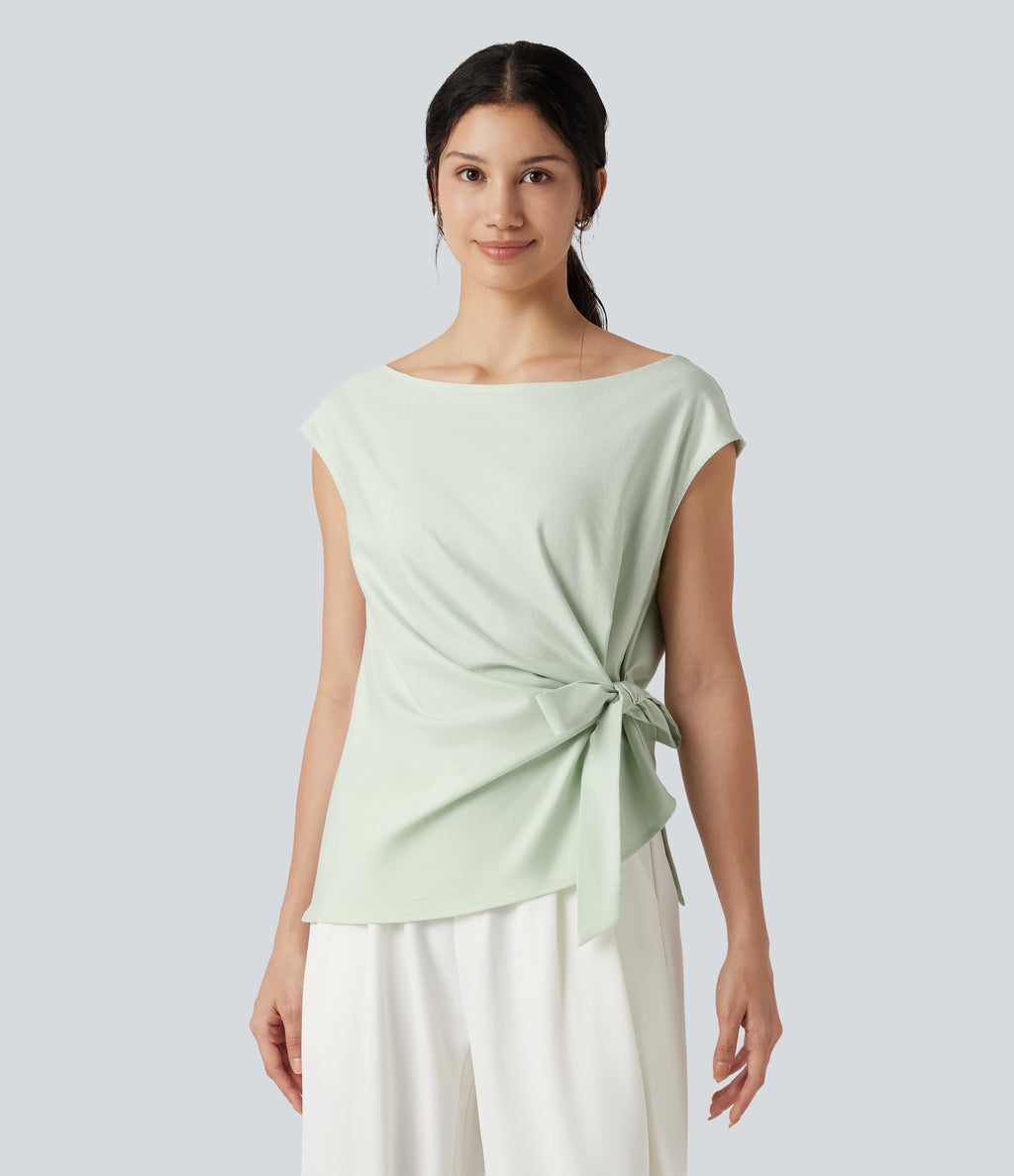 Boat Neck Cap Sleeve Tie-side Casual Linen-Blend Blouse — Phantom Green — view 3
