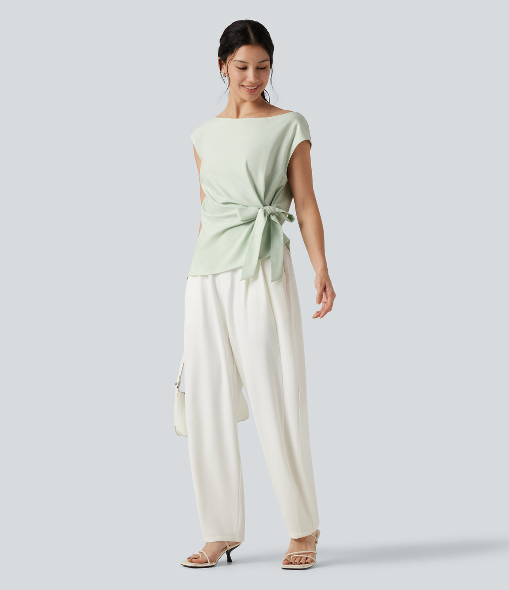 Boat Neck Cap Sleeve Tie-side Casual Linen-Blend Blouse — Phantom Green — view 7