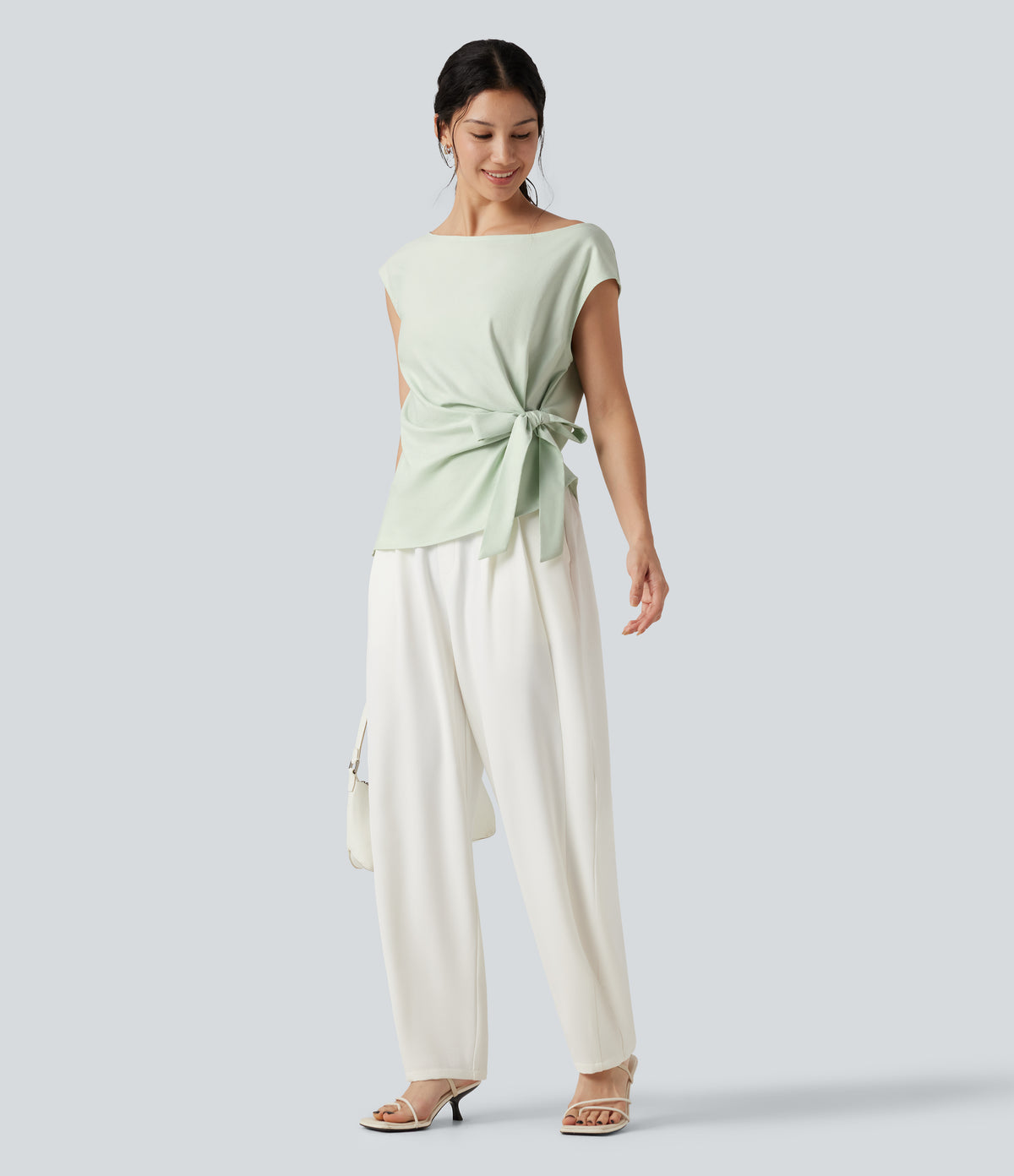 Boat Neck Cap Sleeve Tie-side Casual Linen-Blend Blouse — Phantom Green — view 7