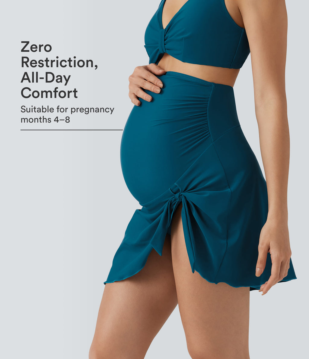 Ultra High Waisted Ruched Asymmetric Hem 2-in-1 Maternity Bikini Bottom Swimsuit — Deep Lagoon — view 1