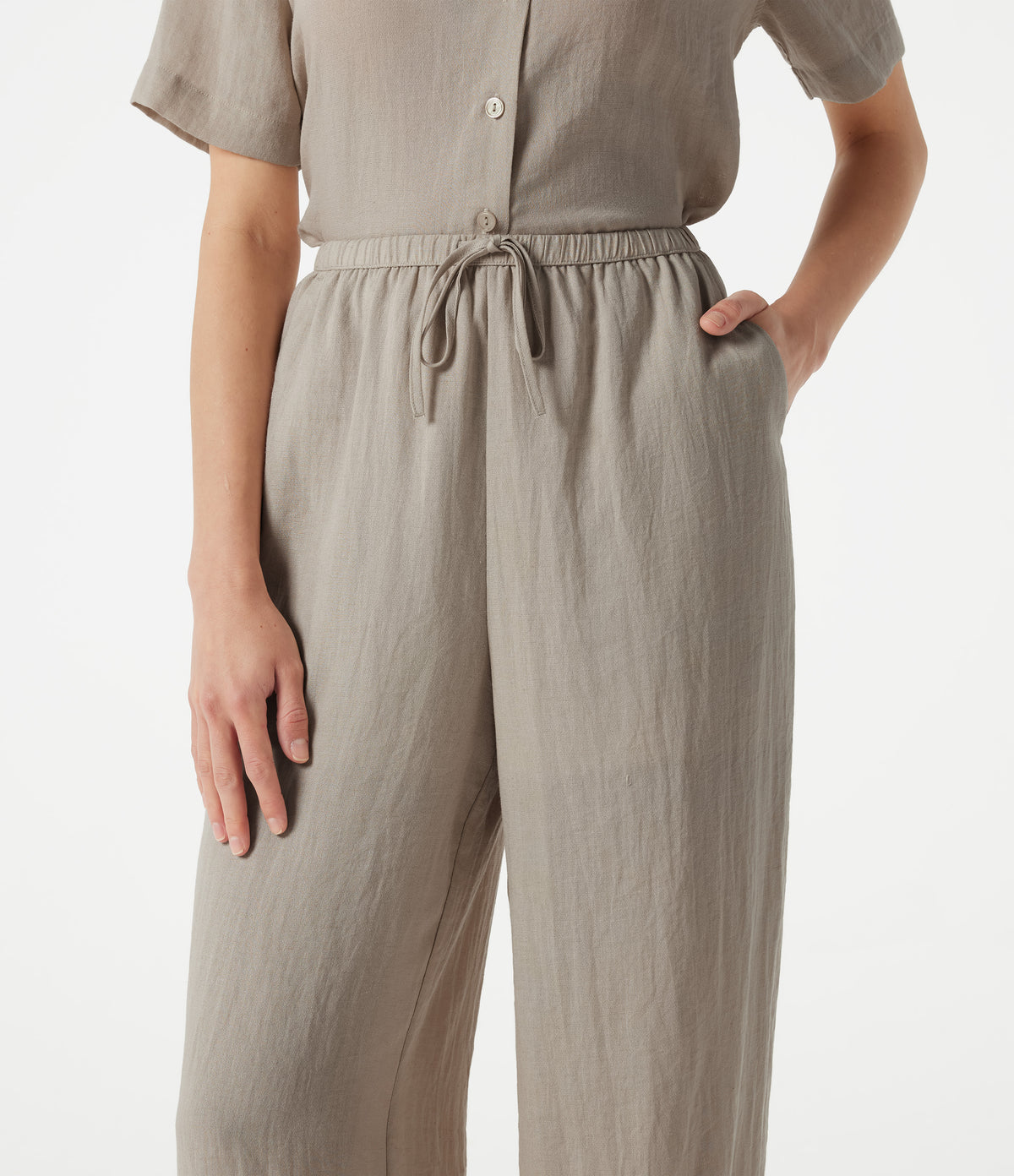 High-waisted Drawstring 2-in-1 Work Linen-Blend Barrel Leg Trousers with Pockets — Island Fossil — view 4