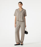 High-waisted Drawstring 2-in-1 Work Linen-Blend Barrel Leg Trousers with Pockets — Island Fossil — view 7