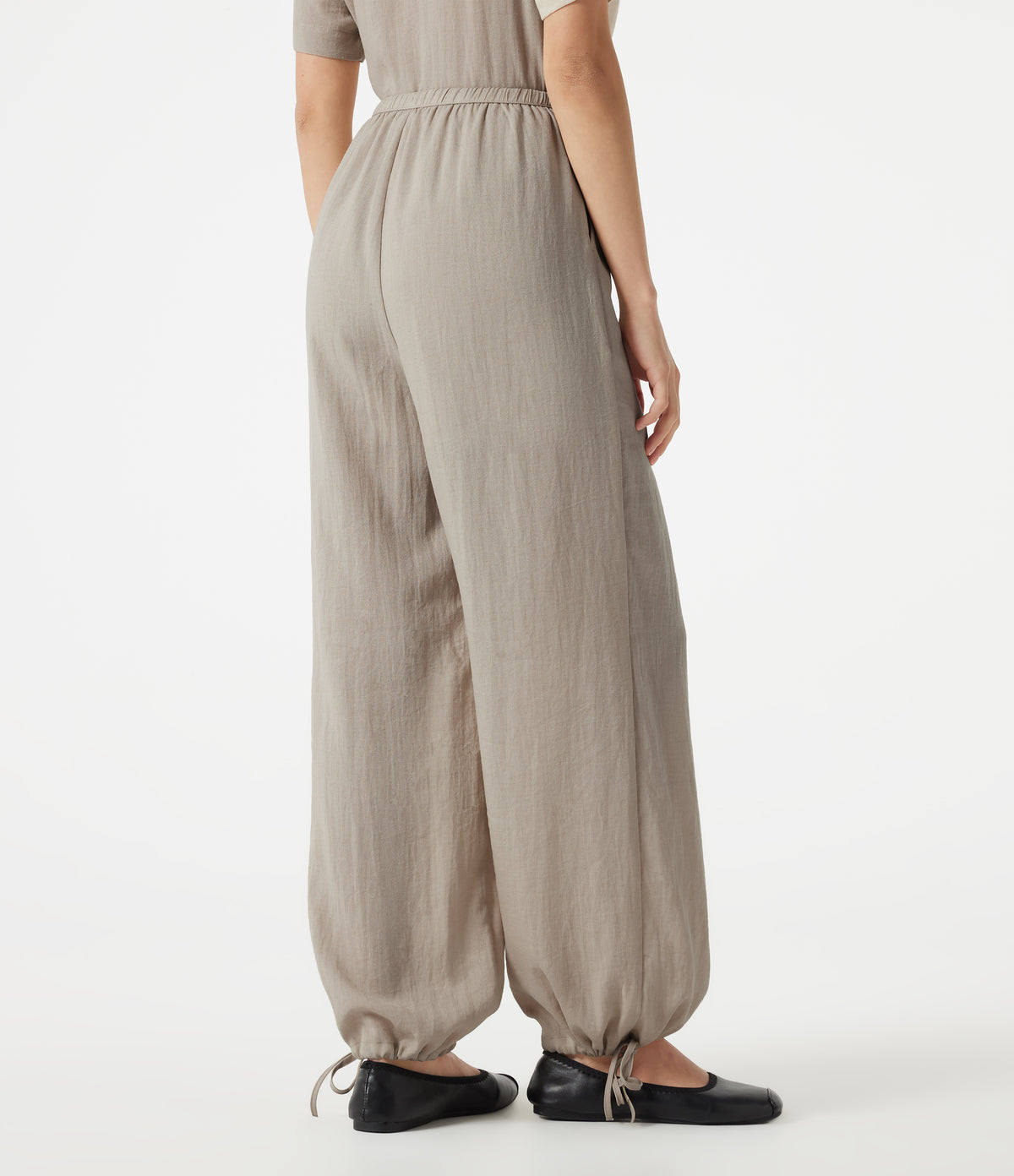 High-waisted Drawstring 2-in-1 Work Linen-Blend Barrel Leg Trousers with Pockets — Island Fossil — view 2