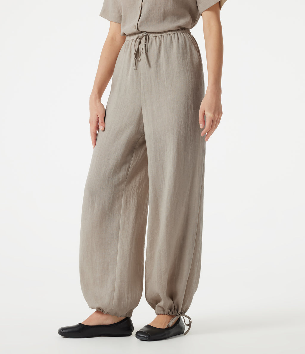 High-waisted Drawstring 2-in-1 Work Linen-Blend Barrel Leg Trousers with Pockets — Island Fossil — view 3