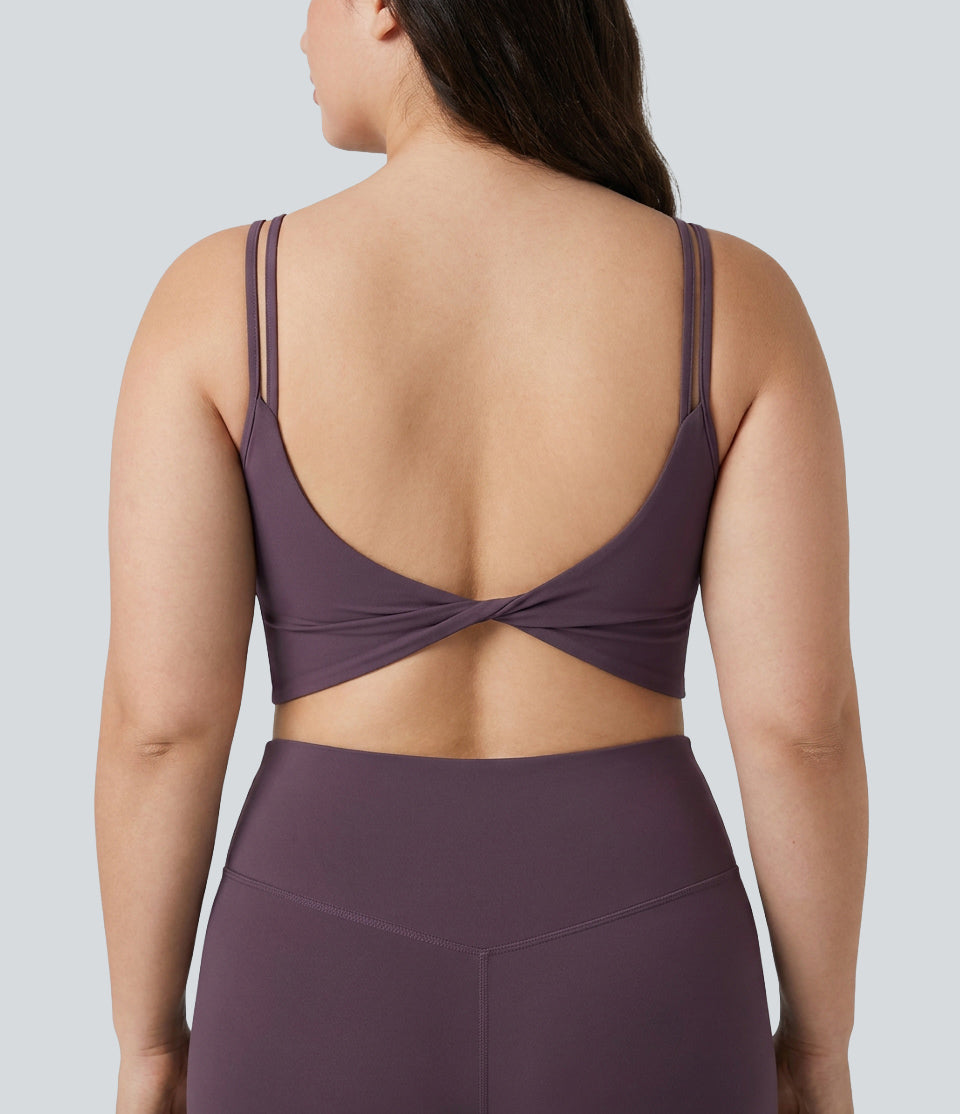 Plus Size Built-in Bra Double Straps Twisted Backless Cropped Yoga Tank Top — Night's Purple — view 1