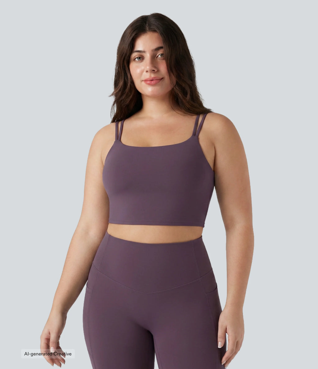 Plus Size Built-in Bra Double Straps Twisted Backless Cropped Yoga Tank Top — Night's Purple — view 2
