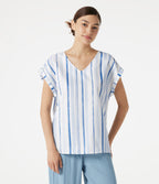V Neck Cap Sleeve Striped Casual T-Shirt — Harbor Sky Stripe — view 4
