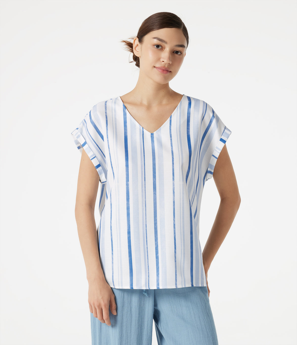 V Neck Cap Sleeve Striped Casual T-Shirt — Harbor Sky Stripe — view 4
