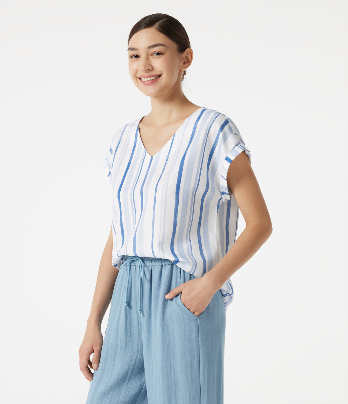 V Neck Cap Sleeve Striped Casual T-Shirt — Harbor Sky Stripe — view 3