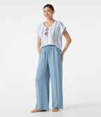 V Neck Cap Sleeve Striped Casual T-Shirt — Harbor Sky Stripe — view 7
