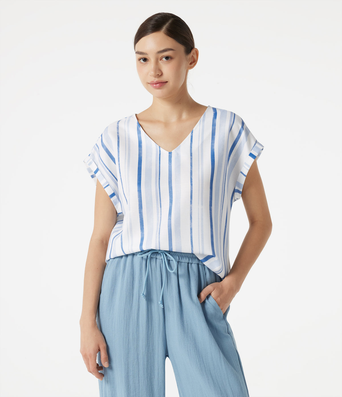 V Neck Cap Sleeve Striped Casual T-Shirt — Harbor Sky Stripe — view 5