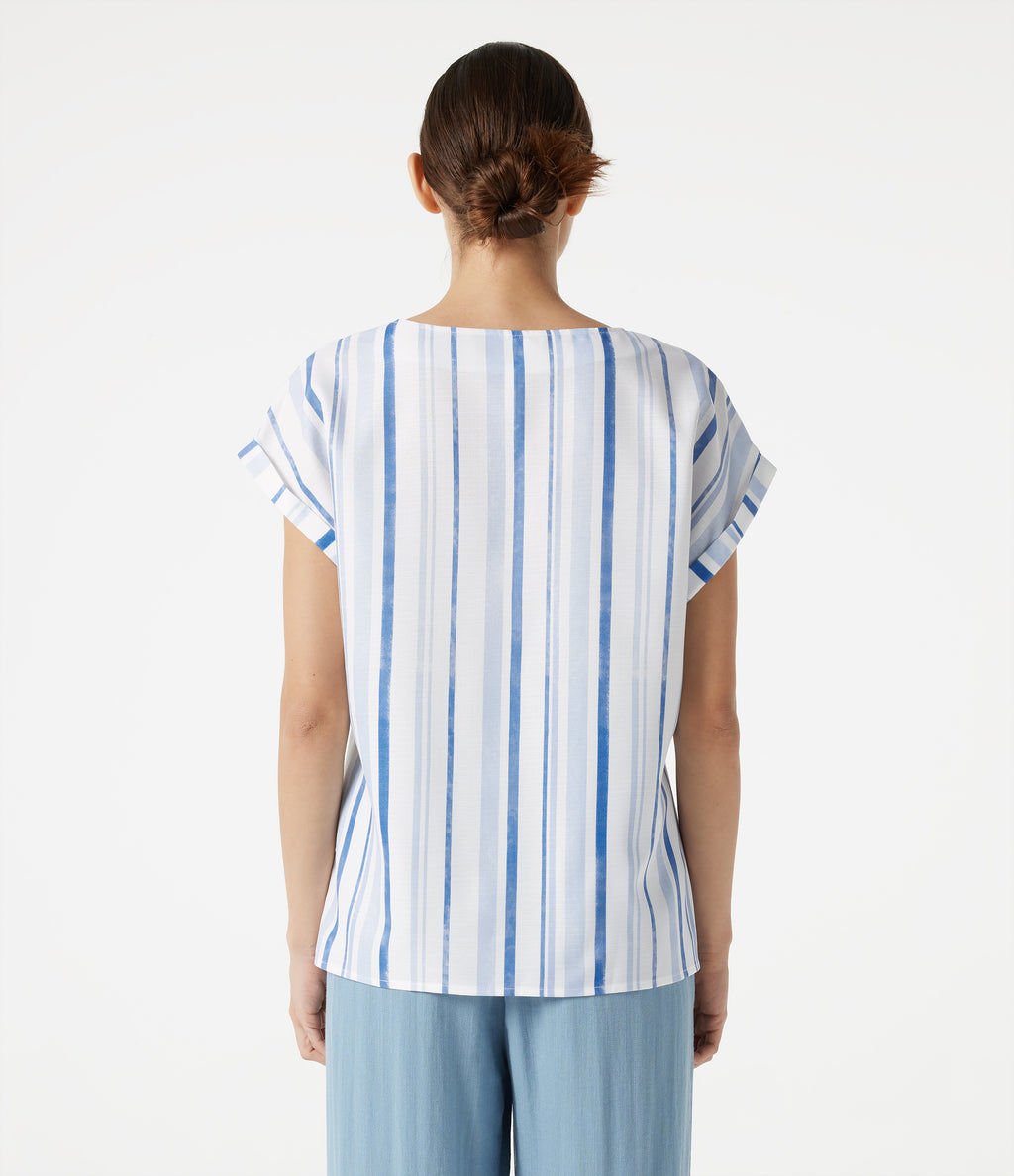 V Neck Cap Sleeve Striped Casual T-Shirt — Harbor Sky Stripe — view 2