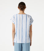 V Neck Cap Sleeve Striped Casual T-Shirt — Harbor Sky Stripe — view 2