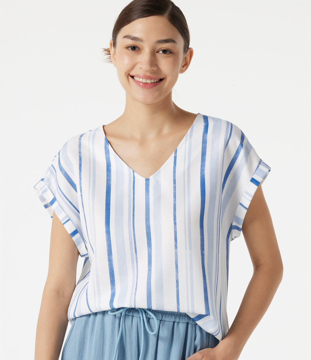 V Neck Cap Sleeve Striped Casual T-Shirt — Harbor Sky Stripe — view 1