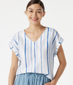 V Neck Cap Sleeve Striped Casual T-Shirt — Harbor Sky Stripe — view 1