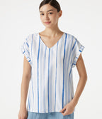 V Neck Cap Sleeve Striped Casual T-Shirt — Harbor Sky Stripe — view 6