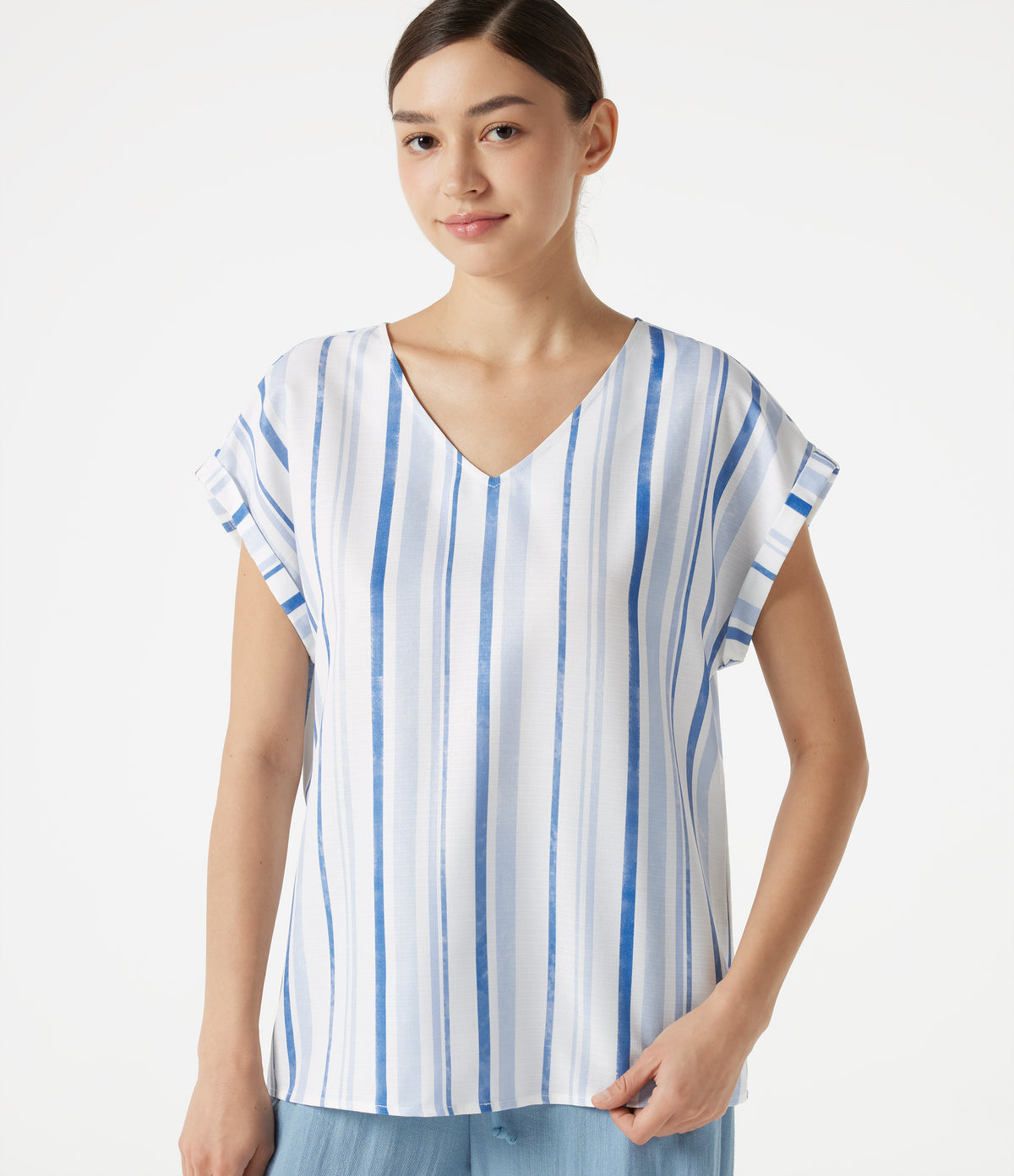 V Neck Cap Sleeve Striped Casual T-Shirt — Harbor Sky Stripe — view 6