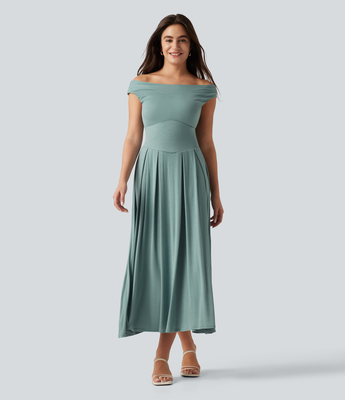 Ribbed Off Shoulder Tummy Control Midi Casual Flowy Dress — Clear Green — view 3